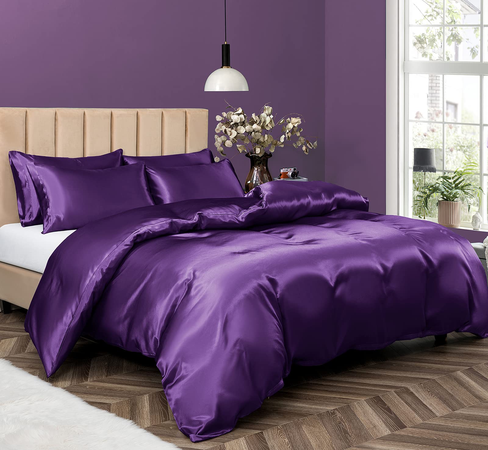 P Pothuiny 5 Pieces Satin Duvet Cover King Size Set, Luxury Silky Like Purple Duvet Cover Bedding Set With Zipper Closure, 1 Duv